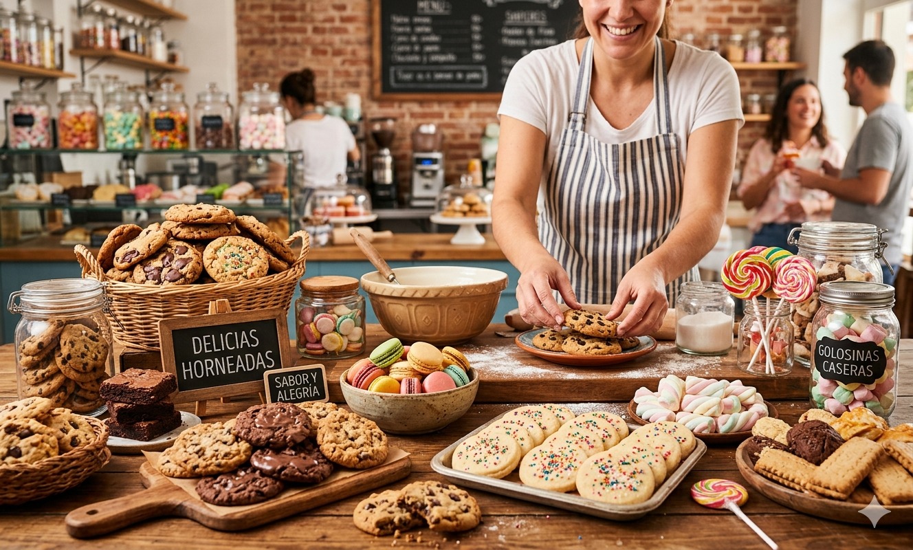 Mesa de pastelería con dulces y galletas artesanales
